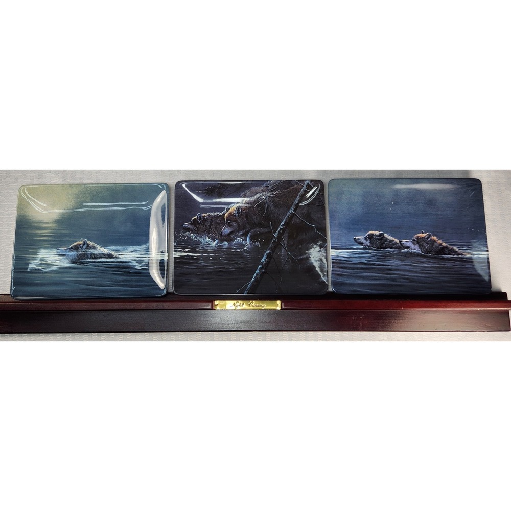 Bradford Exchange Night Crossing Wolf Wolves Plate Series Set Of 3 W/ Shelf 1999
